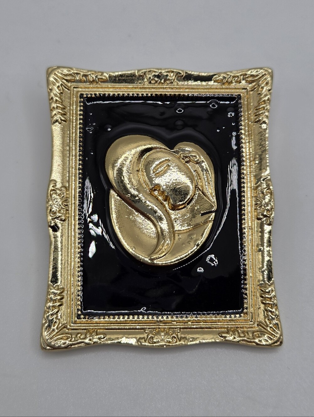Abstract Face Art Brooch Gold Black Enamel Vintage Inspired Statement Pin